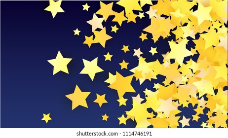 Golden Stars Background. Beautifull Golden Stars Confetti on Blue Background.
 Banner, Greeting Card, Christmas card, Postcard, Packaging, Textile Print. Beautiful Night Sky. Vector 