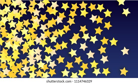 Golden Stars Background. Beautifull Golden Stars Confetti on Blue Background.
 Banner, Greeting Card, Christmas card, Postcard, Packaging, Textile Print. Beautiful Night Sky