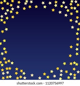 Golden Stars Background. Beautifull Golden Stars Confetti on Blue Background.
 Banner, Greeting Card, Christmas card, Postcard, Packaging, Textile Print. Beautiful Night Sky