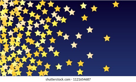 Golden Stars Background. Beautifull Golden Stars Confetti on Blue Background.
 Banner, Greeting Card, Christmas card, Postcard, Packaging, Textile Print. Beautiful Night Sky. Vector 