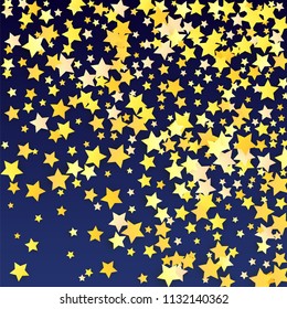 Golden Stars Background. Beautifull Golden Stars Confetti on Blue Background.
 Banner, Greeting Card, Christmas card, Postcard, Packaging, Textile Print. Beautiful Night Sky. Vector 