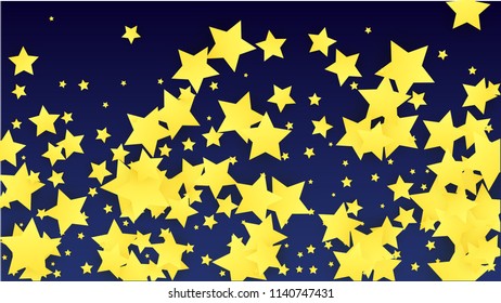 Golden Stars Background. Beautifull Golden Stars Confetti on Blue Background.
 Banner, Greeting Card, Christmas card, Postcard, Packaging, Textile Print. Beautiful Night Sky. Vector 