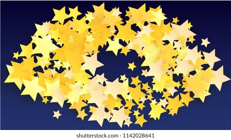 Golden Stars Background. Beautifull Golden Stars Confetti on Blue Background.
 Banner, Greeting Card, Christmas card, Postcard, Packaging, Textile Print. Beautiful Night Sky. Vector 
