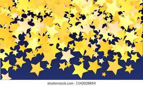 Golden Stars Background. Beautifull Golden Stars Confetti on Blue Background.
 Banner, Greeting Card, Christmas card, Postcard, Packaging, Textile Print. Beautiful Night Sky. Vector 