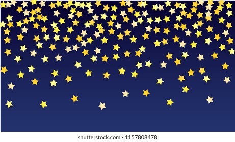 Golden Stars Background. Beautifull Golden Stars Confetti on Blue Background.
 Banner, Greeting Card, Christmas card, Postcard, Packaging, Textile Print. Beautiful Night Sky