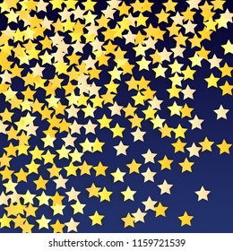 Golden Stars Background. Beautifull Golden Stars Confetti on Blue Background.
 Banner, Greeting Card, Christmas card, Postcard, Packaging, Textile Print. Beautiful Night Sky. Vector 