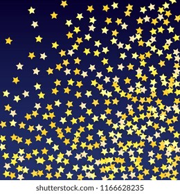 Golden Stars Background. Beautifull Golden Stars Confetti on Blue Background.
 Banner, Greeting Card, Christmas card, Postcard, Packaging, Textile Print. Beautiful Night Sky