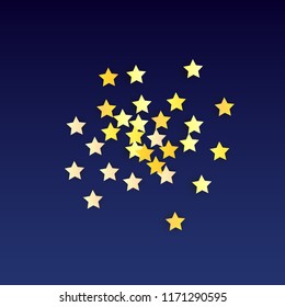 Golden Stars Background. Beautifull Golden Stars Confetti on Blue Background.
 Banner, Greeting Card, Christmas card, Postcard, Packaging, Textile Print. Beautiful Night Sky. Vector 