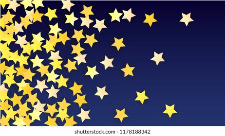 Golden Stars Background. Beautifull Golden Stars Confetti on Blue Background. Banner, Greeting Card, Christmas card, Postcard, Packaging, Textile Print. Beautiful Night Sky. Vector 