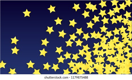 Golden Stars Background. Beautifull Golden Stars Confetti on Blue Background.
 Banner, Greeting Card, Christmas card, Postcard, Packaging, Textile Print. Beautiful Night Sky. Vector 