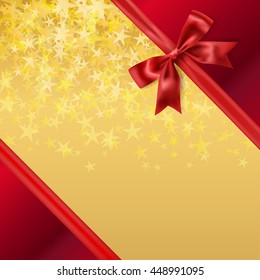 golden stars background with red silky ribbon bow decoration. vector