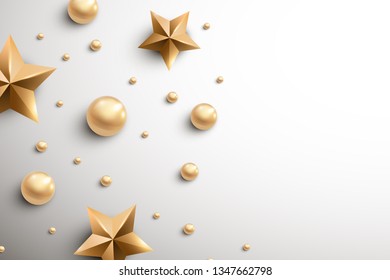 Golden stars and balls on abstract background, top view