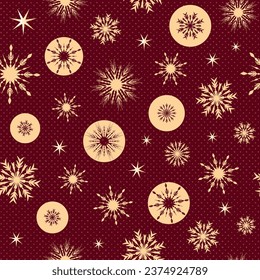 Golden Stars and Baubles Ornament In Seamless Surface Pattern On Red Background With Snow. Great For Christmas Design.
