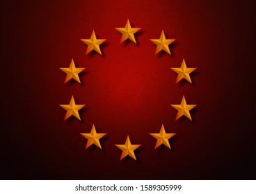 Golden stars in a circle on a colored background with texture. Template for your design. Vector illustration