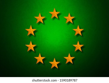 Golden stars in a circle on a colored background with texture. Template for your design. Vector illustration