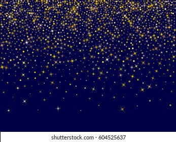 Golden stars and circles falling down. Cosmic abstract vector background. Decorative pattern on dark blue with gold sparkles, glitter confetti. Holiday astral design.
