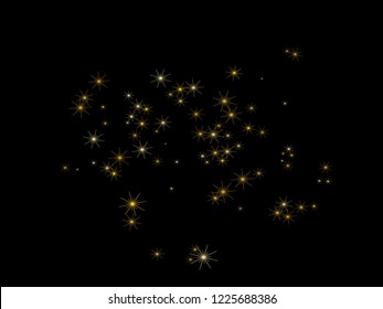 Golden stars confetti at black night sky. Sparkle shiny asterisks isolated on black. Chaotic scattered stars confetti design. Romantic vector illustration. New year and Christmas shiny elements.