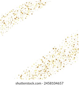 Golden stars confetti decoration. Corner borders from falling sparklers. Design element. Special effect on transparent background.