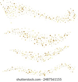 Golden stars confetti decoration. Horizontal wavy borders. Design element. Special effect on transparent background.