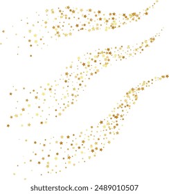 Golden stars confetti decoration. Horizontal flying path. Design element. Special effect on transparent background.