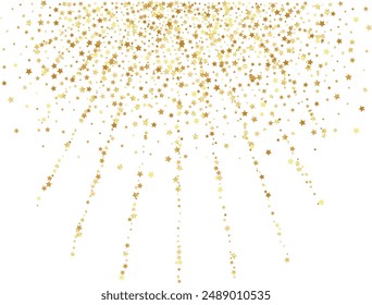 Golden stars confetti decoration. Rays from falling sparklers. Design element. Special effect on transparent background.