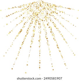 Golden stars confetti decoration. Rays from falling sparklers. Design element. Special effect on transparent background.