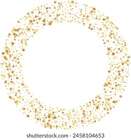 Golden stars confetti decoration. Rond frame from falling sparklers. Design element. Special effect on transparent background.