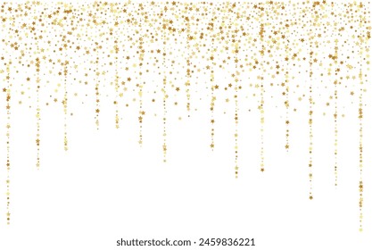 Golden stars confetti decoration.  Top border from garland and falling sparklers. Design element. Special effect on transparent background.
