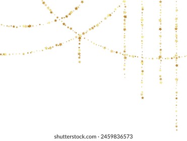Golden stars confetti decoration. Top border from garland and falling sparklers. Design element. Special effect on transparent background.