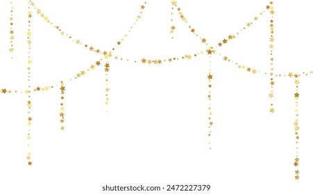 Golden stars confetti decoration. Top border from garland and falling sparklers. Design element. Special effect on transparent background.