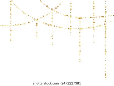 Decoración de confeti con estrellas doradas. Borde superior de guirnalda y chispas que caen. Elemento de diseño. Efecto especial sobre fondo transparente.