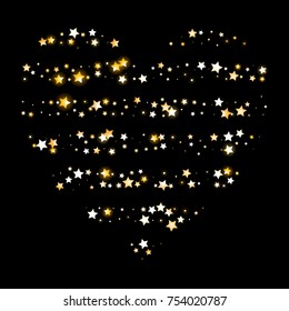Golden Stars Confetti Heart on Black Background. Greeting Card, Invitation Template with Shimmering Stars. Night Sky Vector Background.