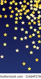 Golden Stars Confetti. Invitation Background. Banner, Greeting Card, Christmas and New Year card, Postcard, Packaging, Textile Print. Beautiful Night Sky
