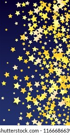 Golden Stars Confetti. Invitation Background. Banner, Greeting Card, Christmas and New Year card, Postcard, Packaging, Textile Print. Beautiful Night Sky
