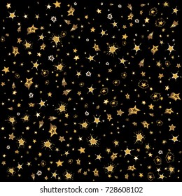 Golden stars confetti on black background. Hand drawn doodle stars vector illustration for print, paper, textile. 
