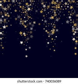 Golden Stars Confetti on Dark Blue Background. Greeting Card, Invitation Template with Glitter Stars. Night Sky Vector Background.