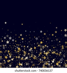 Golden Stars Confetti on Dark Blue Background. Greeting Card, Invitation Template with Glitter Stars. Night Sky Vector Background.