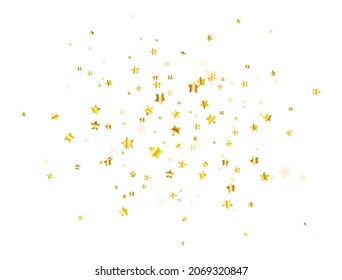 Golden stars confetti on white background. Christmas Luxury texture. Glitter elegant design elements. Gold shooting stars flying. Magic foil decoration. Vector illustration.