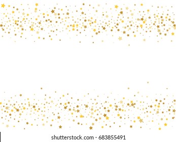 Golden stars confetti. Vector cosmic abstract frame background. Christmas, new year celebration, birthday party, carnival or festival glamour design. Luxury stardust. Shiny festive golden glitter.
