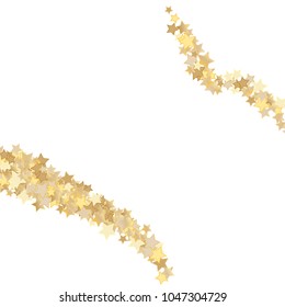 Golden Stars confetti vector diagonal border. Circular Scatter of colored stars. Dynamic vector illustration for holiday, celebration decorations, paper packaging, textile, covers