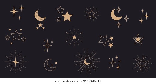 Golden stars and crescents. Shine sparkle icon. Vector stars and moons for logo.