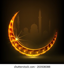 Golden stars decorated crescent moon on mosque silhouetted brown background for Muslim community festival Eid Mubarak celebrations. 