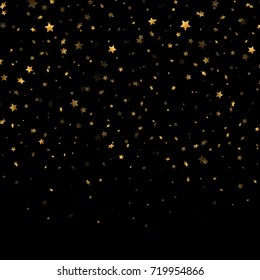 Golden stars falling down on black background. Gold star confetti illustration. Eps10 vector