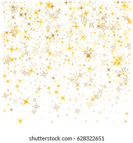 Golden stars falling down vector. Cosmic abstract background. Decorative pattern on white with gold sparkles, glitter confetti. Holiday astral design. Flying stars for card or banner background.