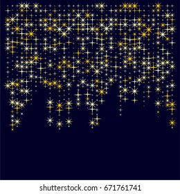 Golden stars falling down vector. Cosmic abstract background. Decorative pattern with gold sparkles, glitter confetti. Holiday astral design. Flying stars for card or banner background.