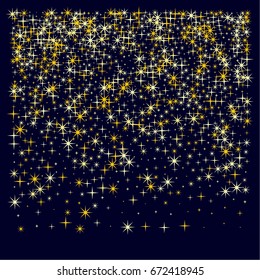 Golden stars falling down vector. Cosmic abstract background. Decorative pattern with gold sparkles, glitter confetti. Holiday astral design. Flying stars for card or banner background.