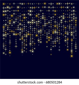 Golden stars falling down vector. Cosmic abstract background. Decorative pattern with gold sparkles, glitter confetti. Holiday astral design. Flying stars for card or banner background.