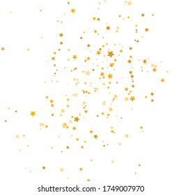 Golden stars falling on white background. Glitter gold shooting stars. Christmas texture. Luxury elegant design elements. Magic decoration. Vector illustration.