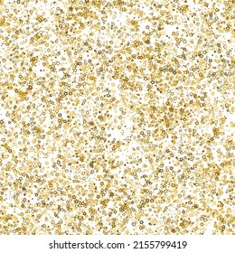 Golden stars fly. Gold stars confetti. Seamless pattern random starry fall. Luxury shiny little random stellar falling on white. Party decoration, invitation, New Year, Christmas. Vector illustration