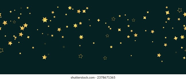 Golden stars fly. Gold stars confetti. Seamless pattern random starry fall. Luxury shiny little random stellar falling on black. Party decoration, invitation, New Year, Christmas. Vector illustration